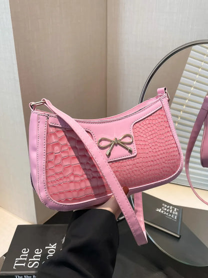 Elegant Crocodile Pattern PU Leather Shoulder Bag with Bow Detail