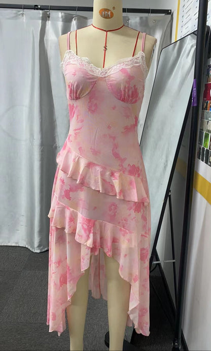 Elegant Floral Mesh Camisole Dress - High-Low Ruffle Asymmetrical Skirt