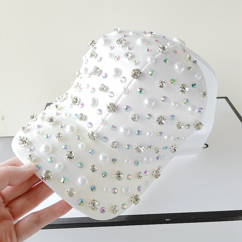 Elegant Pearl & Rhinestone Luxury Baseball Cap for Women - Adjustable Fashion Sun Hat