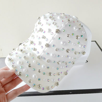 Elegant Pearl & Rhinestone Luxury Baseball Cap for Women - Adjustable Fashion Sun Hat