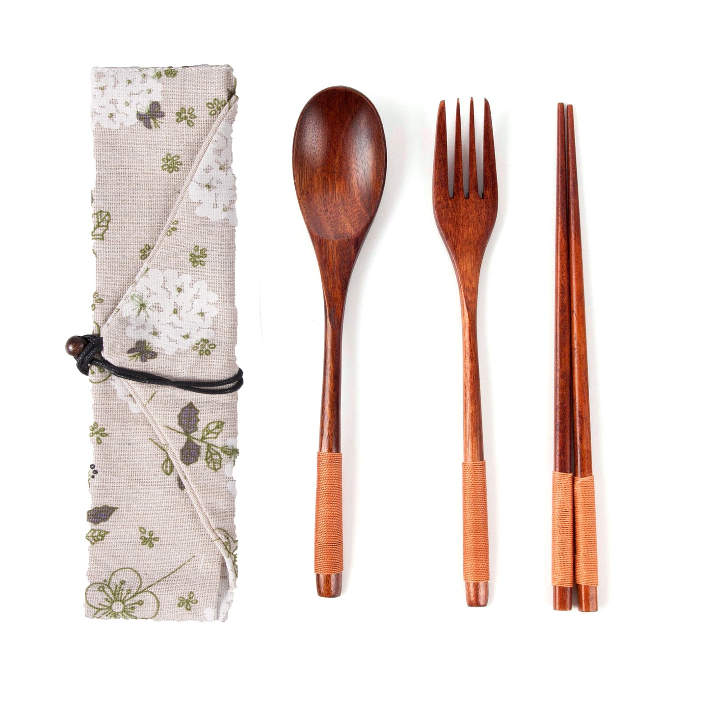 Japanese Style 3-Piece Portable Wooden Cutlery Set with Pouch