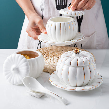 Creative Ceramic Pumpkin Soup Bowl with Lid and Saucer Set