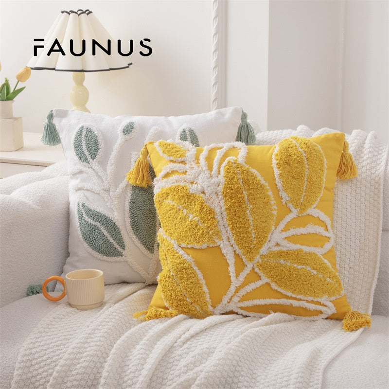 Bohemian Tufted Throw Pillow Cover - Ethnic Moroccan Leaf Embroidered Cushion Case
