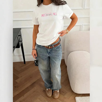 Red Flag" Slogan Printed Loose Round Neck T-Shirt for Women