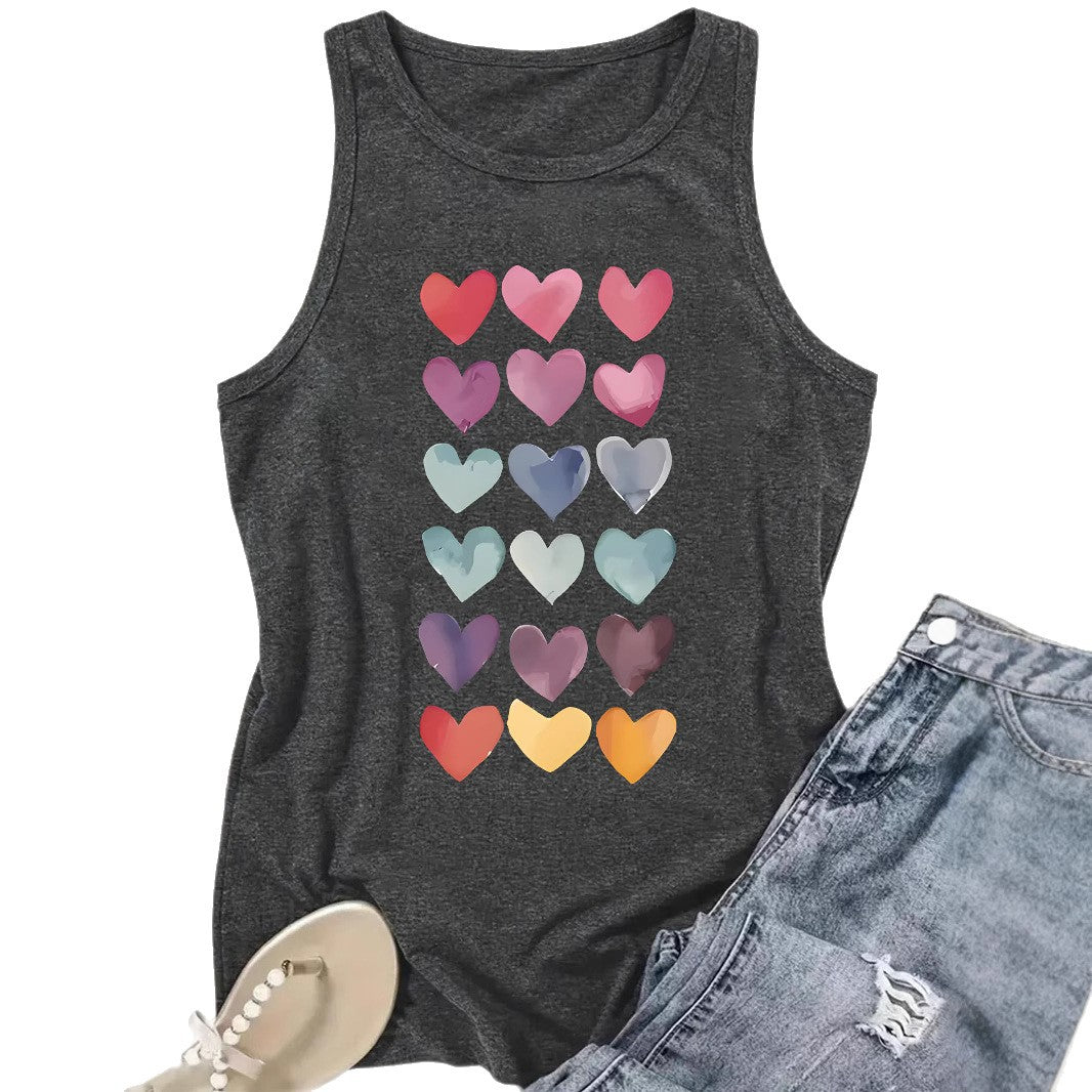 Colorful Heart-Shaped Pattern Loose Women's Vest | Graphic Valentine's Day Tank Top