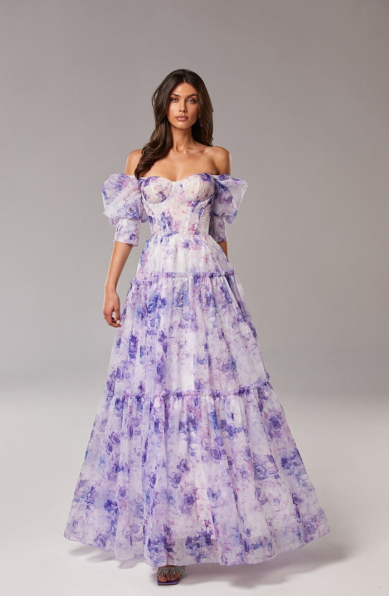 Elegant Off-Shoulder Organza Floral Maxi Dress - Premium Long Evening Gown for Women