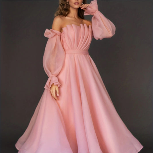 Elegant Off-Shoulder Lantern Sleeve Maxi Dress - Pleated Princess Style Evening Gown for Women
