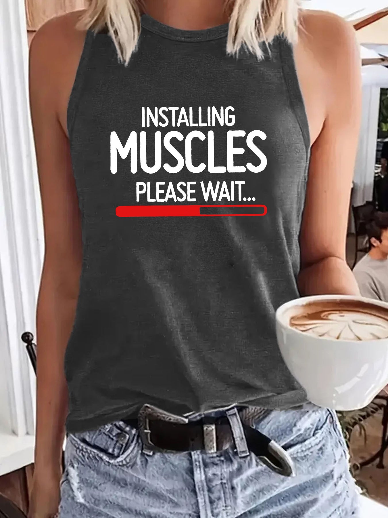 Installing Muscles Please Wait...' Slogan Printed Sleeveless Tank Top | Gym & Workout Shirt