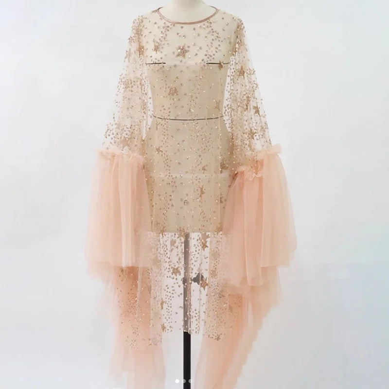 Sparkly Star Mesh Cover-Up Dress - Elegant Flare Sleeve Sheer Party Outfits for Women