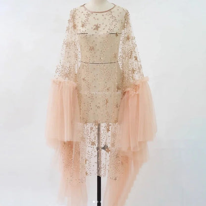 Sparkly Star Mesh Cover-Up Dress - Elegant Flare Sleeve Sheer Party Outfits for Women