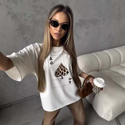 Trendy Loose Round Neck Card Graphic Tee for Women