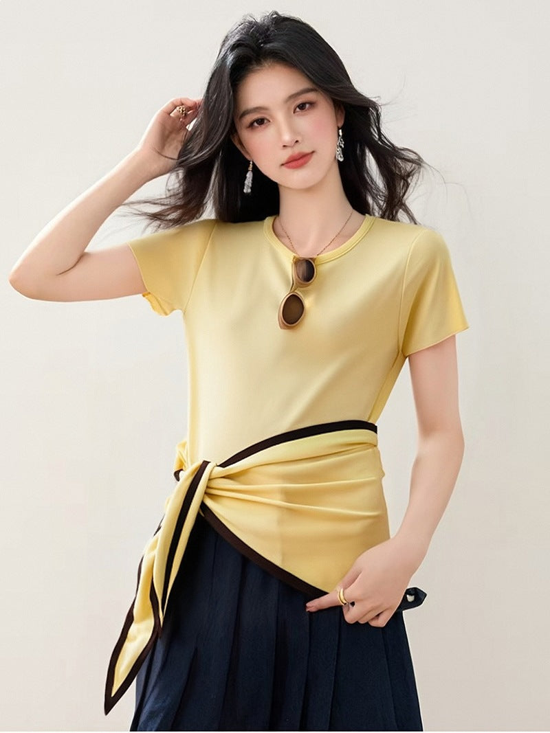 Women's Yellow Knitted Short Sleeve T-Shirt - Summer Outfit Chic Top