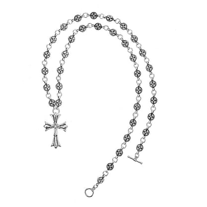 Ornate Silver Tone Cross Pendant Rosary Style Necklace
