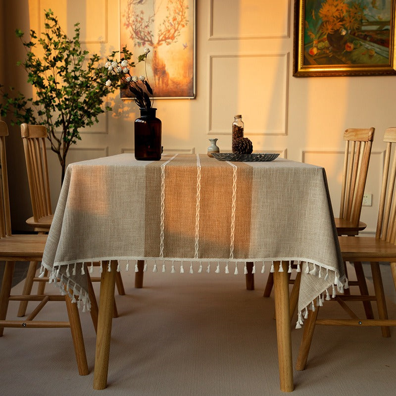 Nordic Jacquard Cotton Linen Tablecloth – Elegant Pink Long Stripe Table Cover with Decorative Tassels