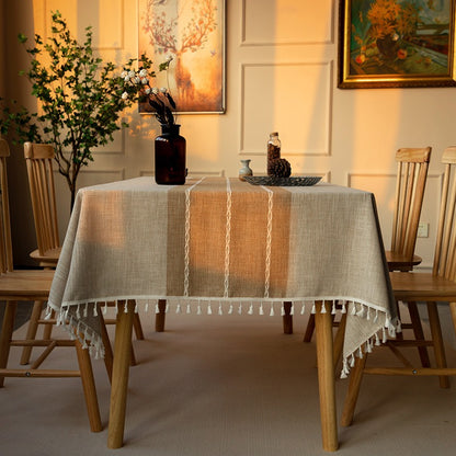 Nordic Jacquard Cotton Linen Tablecloth – Elegant Pink Long Stripe Table Cover with Decorative Tassels