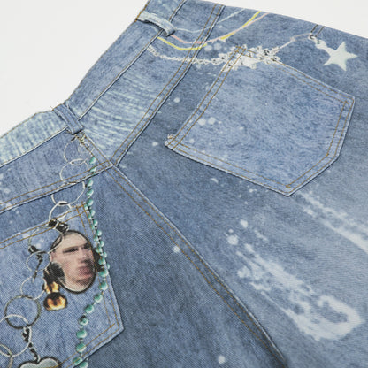 Graffiti Splatter Chain Detail Denim Shorts - Unisex Y2K Washed Wide Leg Streetwear Pants