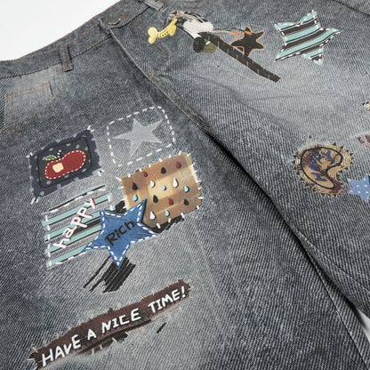Vintage Patchwork Graphic Denim Shorts - Retro Washed Wide Leg Streetwear Culottes