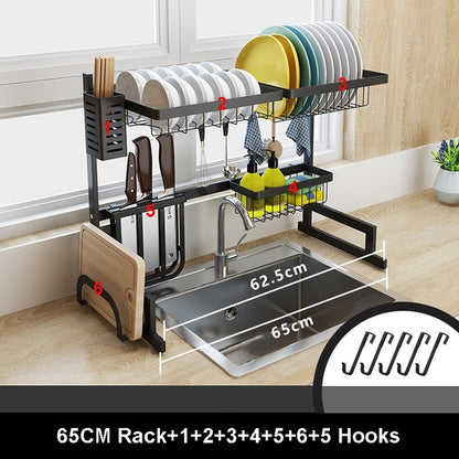 Over the Sink Dish Drying Rack - 2-Tier Stainless Steel Kitchen Organizer & Storage Space Saver (Black, 65/85cm)