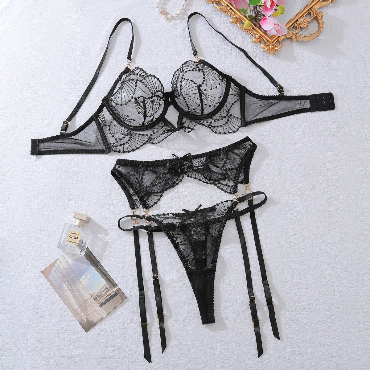 Black Embroidered Lace 3-Piece Lingerie Set with Strappy Panty