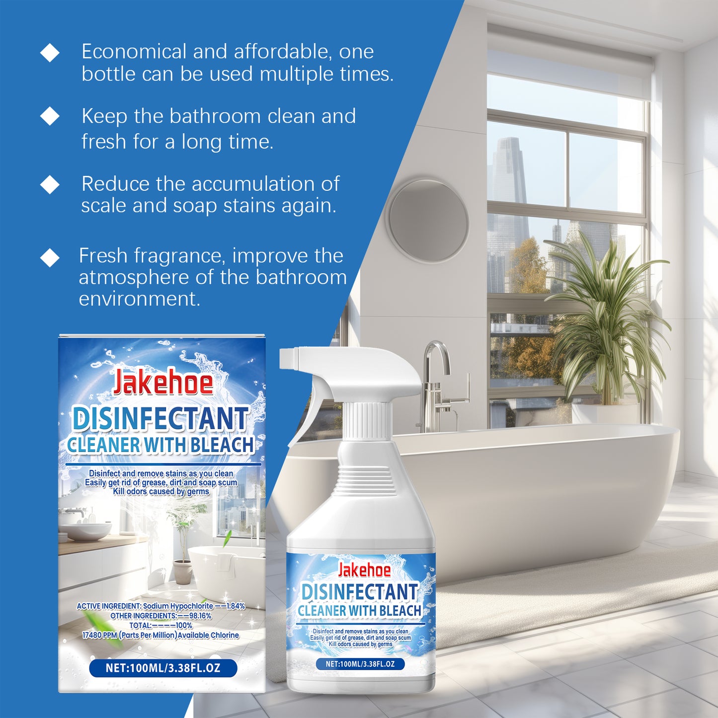 Jakehoe Bathroom Cleaning Spray | Disinfectant Cleaner with Bleach | Multi-Purpose Stain and Scale Cleaner