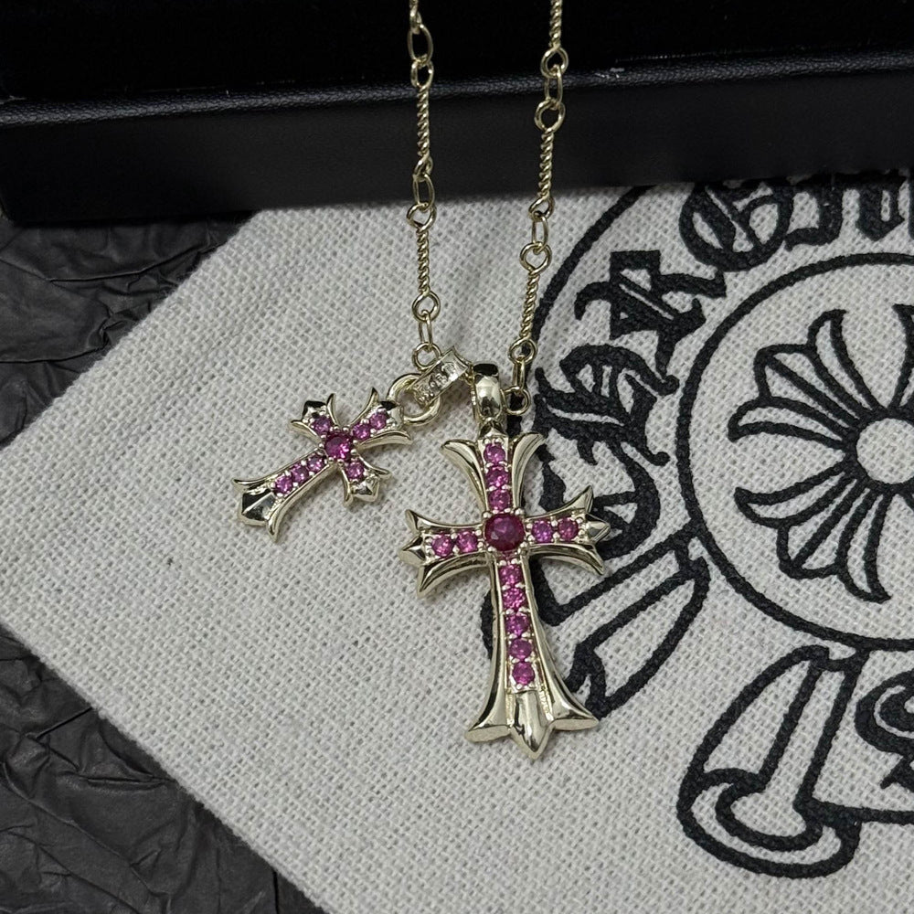 Retro Chrome Hearts Style Cross Necklace - Punk Rock Jewelry with Double Pendant
