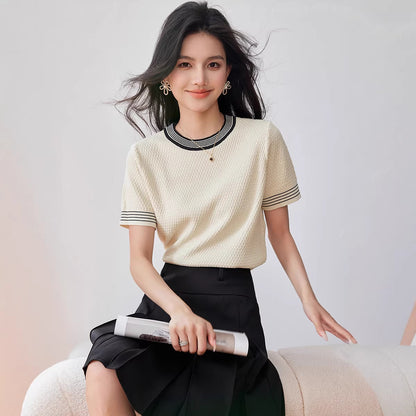 Academic Style Crew Neck Knit Top - Short Sleeve Women's Spring Shirt