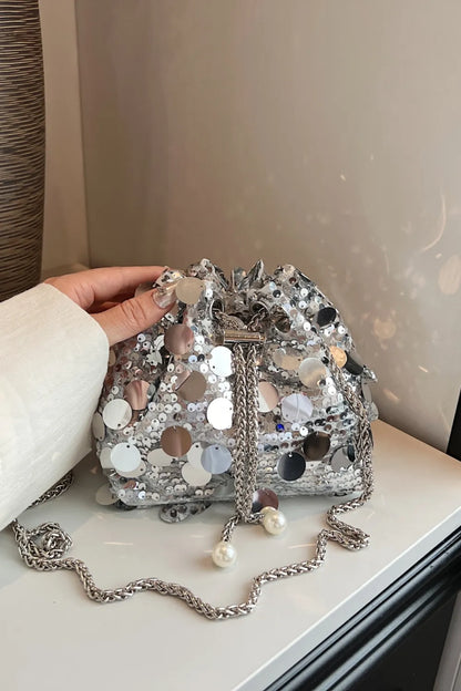 Shimmering Drawstring Sequin Pouch Crossbody Bag