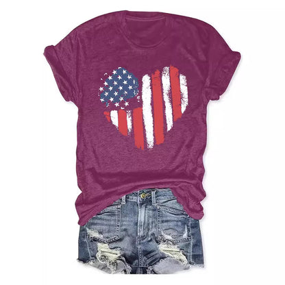 American Flag Heart Graphic T-Shirt | Patriotic Round Neck Short Sleeve Top