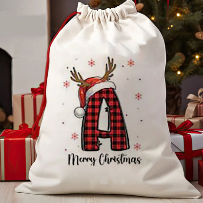 Personalized Christmas Alphabet Cotton Drawstring Bag - Plaid Santa Hat Gift Sack