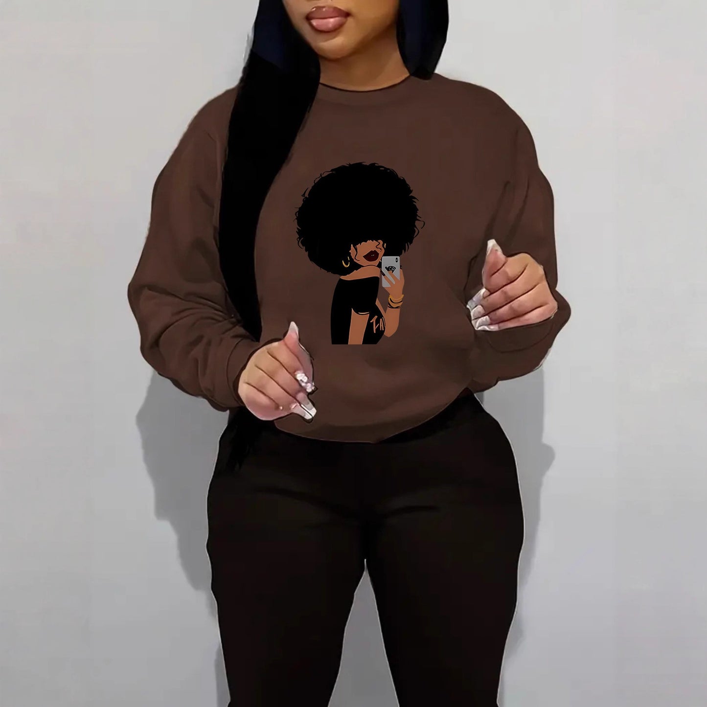 Afro Woman Portrait Print Sweatshirt | Stylish Orange Crewneck Pullover for Women