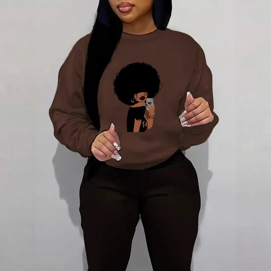 Afro Woman Portrait Print Sweatshirt | Stylish Orange Crewneck Pullover for Women
