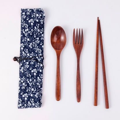 Japanese Style 3-Piece Portable Wooden Cutlery Set with Pouch