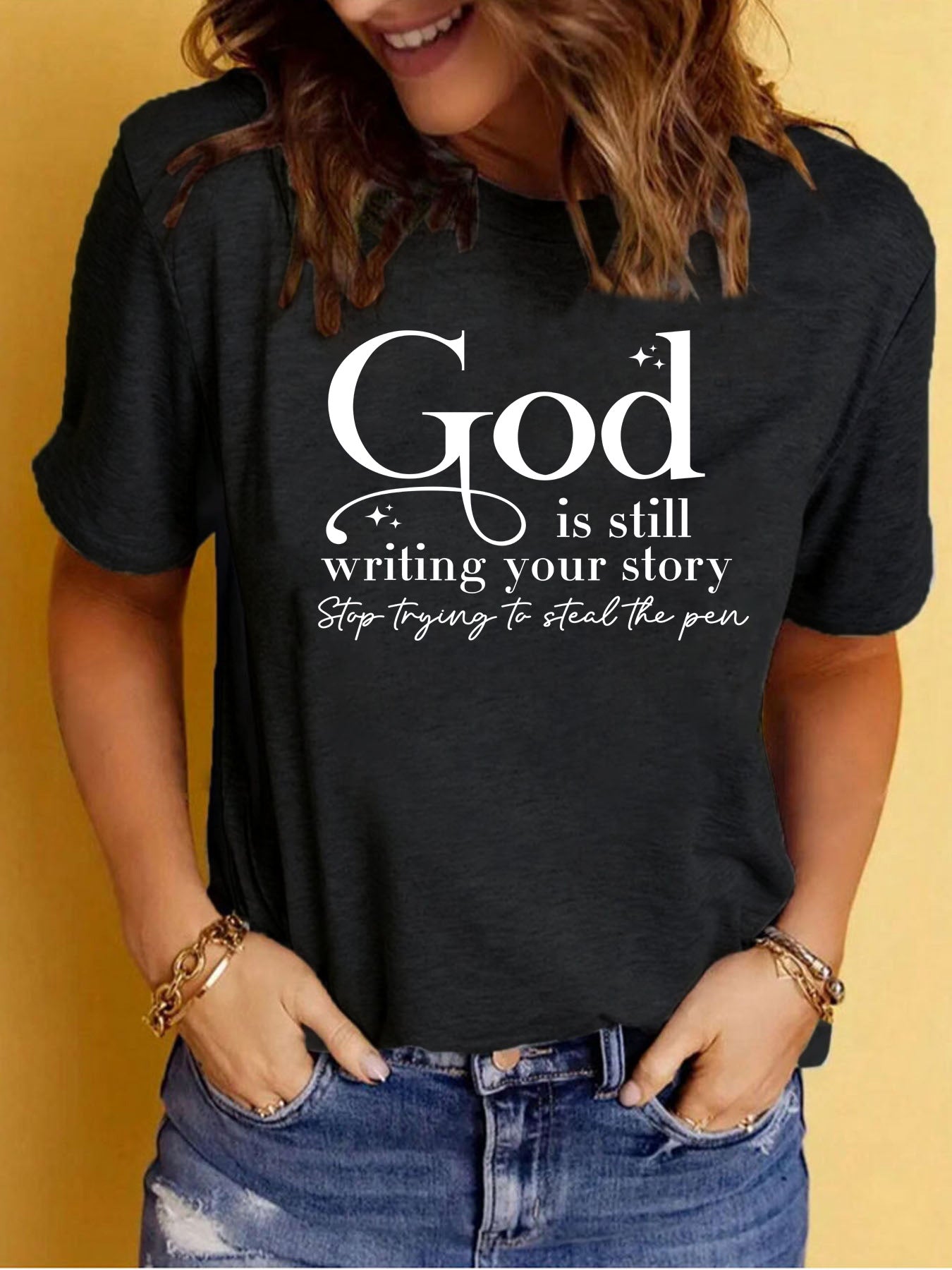 God is Still Writing Your Story' Inspirational Slogan Printed Round Neck T-Shirt
