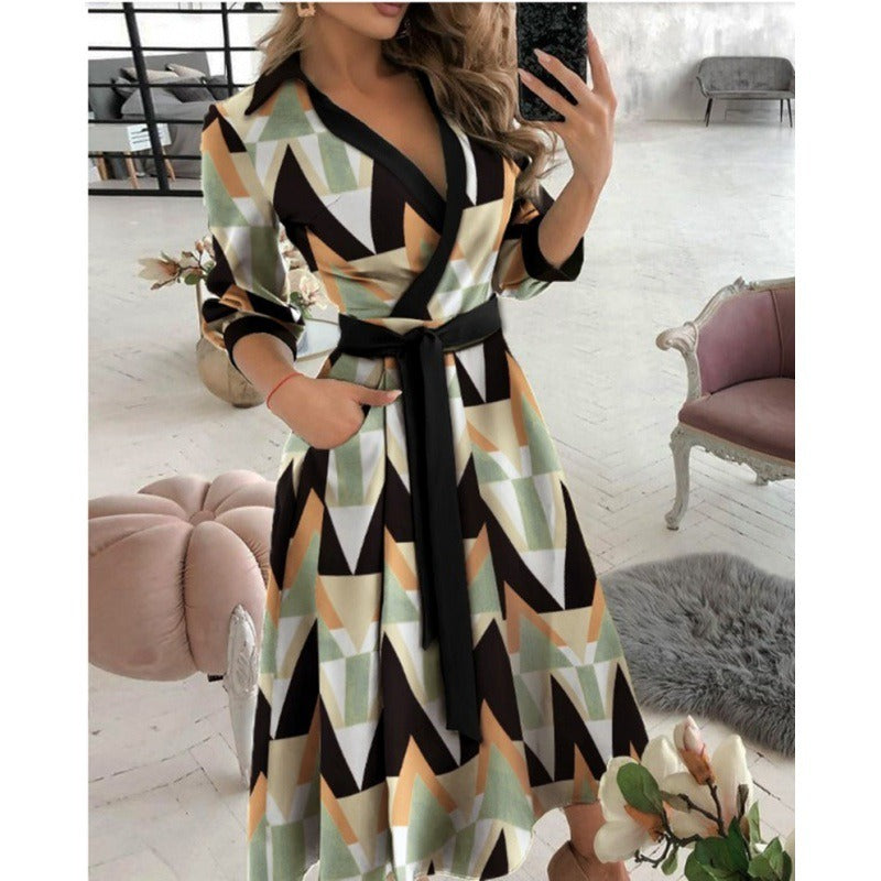 Elegant V-Neck Wrap Midi Dress - Chic Long Sleeve Office & Party Wear for Women