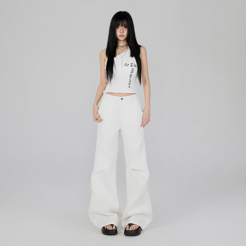Chic White High-Waist Pleated Flared Trousers - Elegant Loose Fit