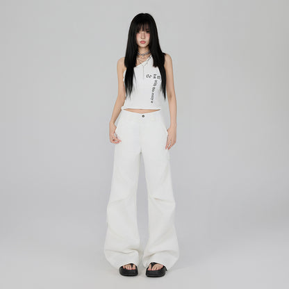 Chic White High-Waist Pleated Flared Trousers - Elegant Loose Fit