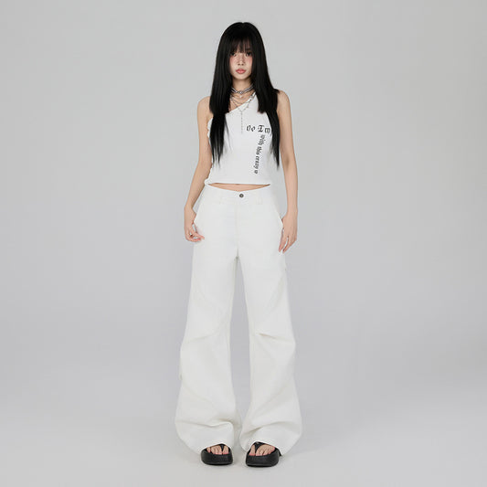 Chic White High-Waist Pleated Flared Trousers - Elegant Loose Fit