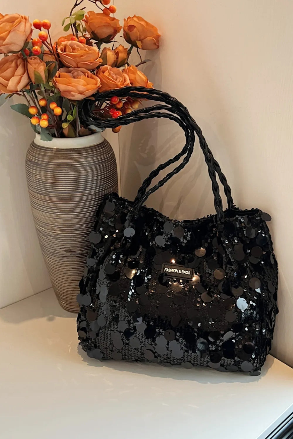 Sparkly Silver Sequin Bag with Braided Shoulder Strap (Hobo Style)