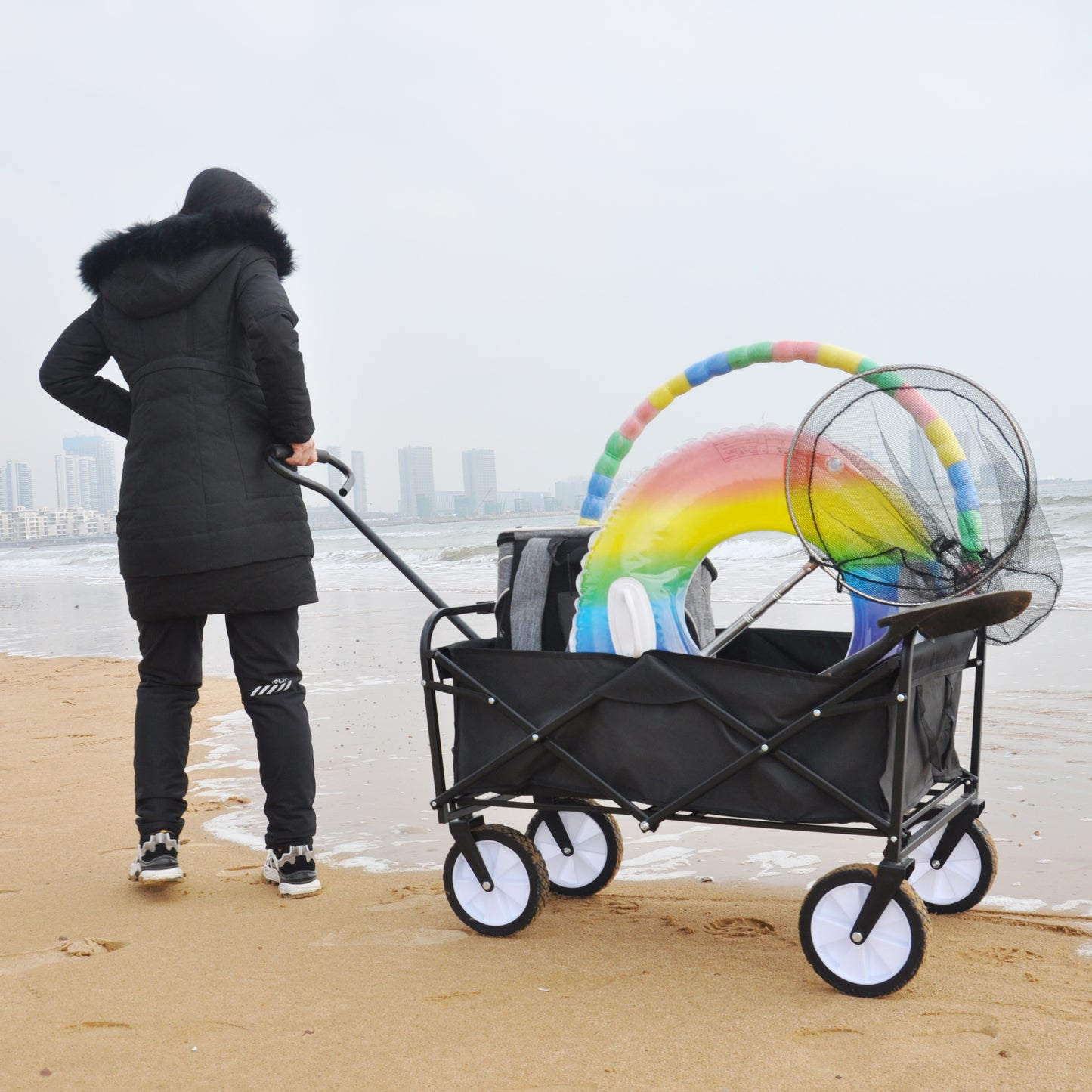 Folding Wagon Garden Shopping Beach Cart – Heavy Duty Black Utility Cart