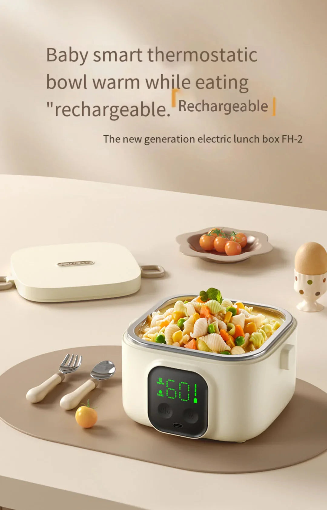 Portable Wireless Electric Lunch Box - Rechargeable Water-Free Heating Food Container with LCD Display