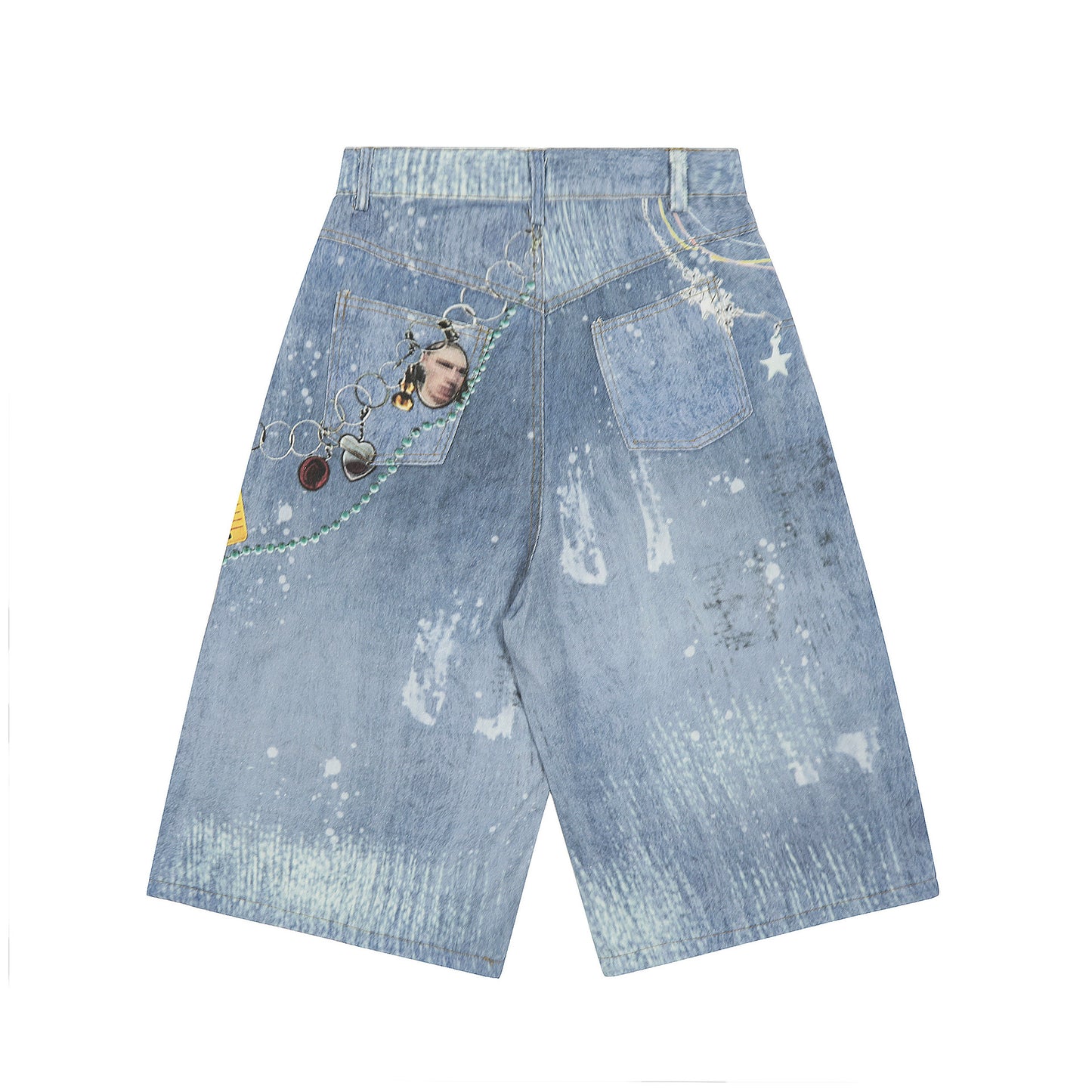 Graffiti Splatter Chain Detail Denim Shorts - Unisex Y2K Washed Wide Leg Streetwear Pants