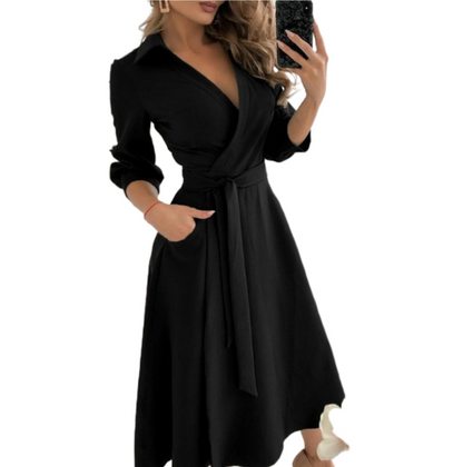 Elegant V-Neck Wrap Midi Dress - Chic Long Sleeve Office & Party Wear for Women