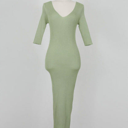 Ribbed V-Neck Bodycon Maxi Dress - Slim Fit Half Sleeve Sage Green Long Gown