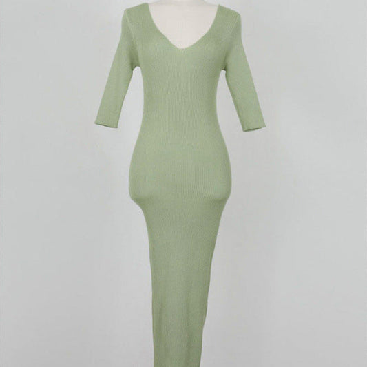 Ribbed V-Neck Bodycon Maxi Dress - Slim Fit Half Sleeve Sage Green Long Gown