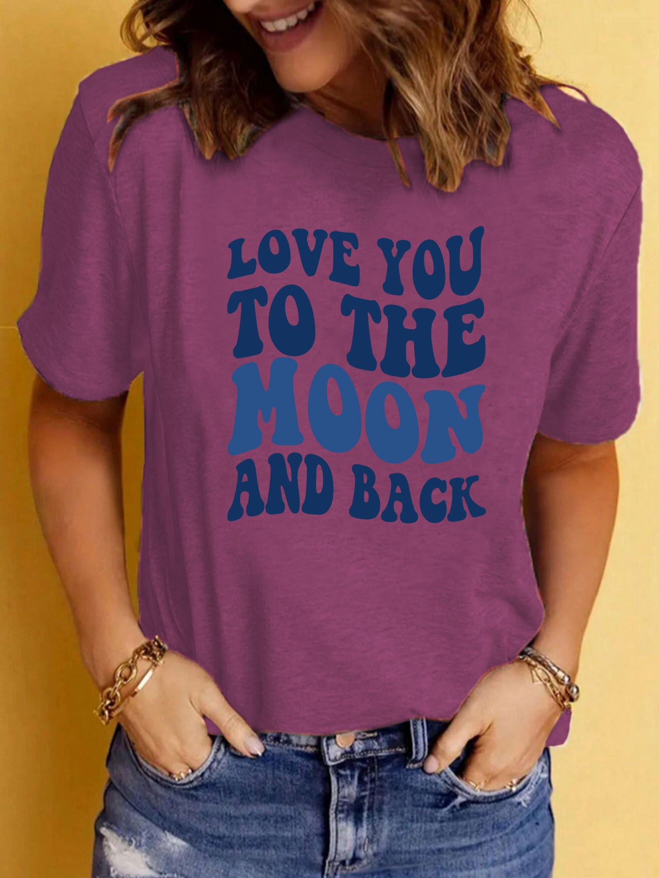 Love You to the Moon and Back' Slogan Printed Round Neck Short Sleeved Shirt