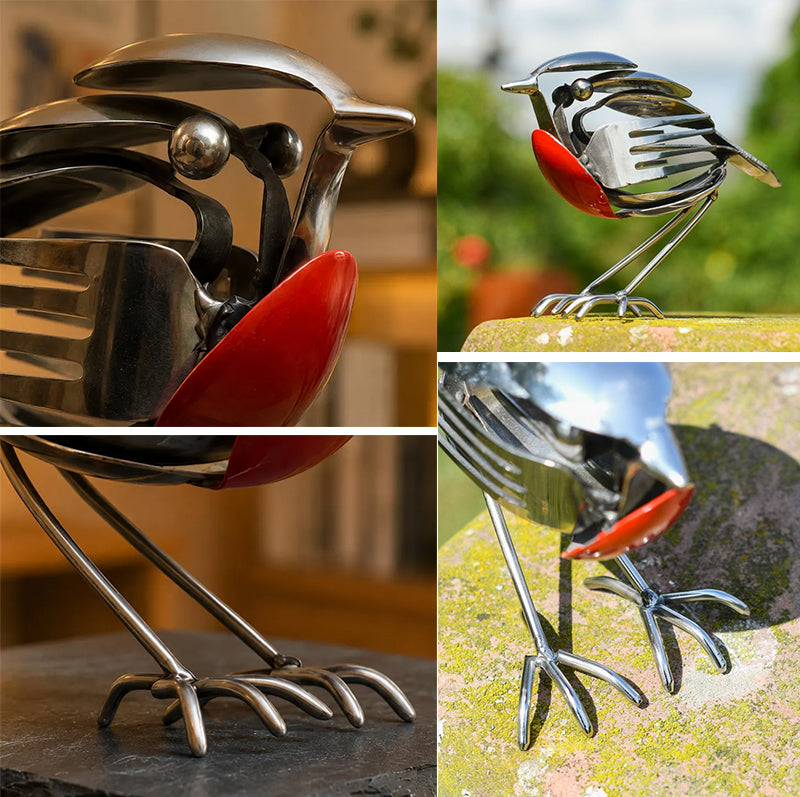Recycled Spoon & Fork Mockingbird Art | Handmade Stainless Steel Bird Sculpture