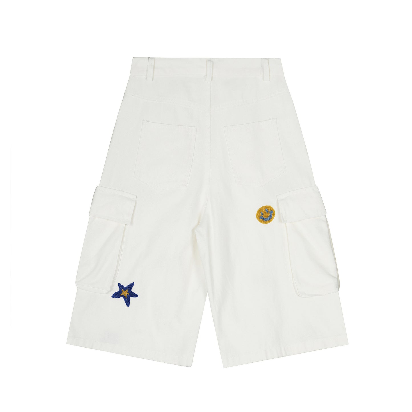 White Patchwork Cargo Denim Shorts - Trendy Multi-Pocket Wide Leg Streetwear Pants