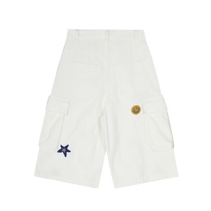 White Patchwork Cargo Denim Shorts - Trendy Multi-Pocket Wide Leg Streetwear Pants