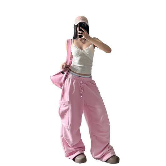 Pink High-Waisted Baggy Workwear Cargo Sweatpants