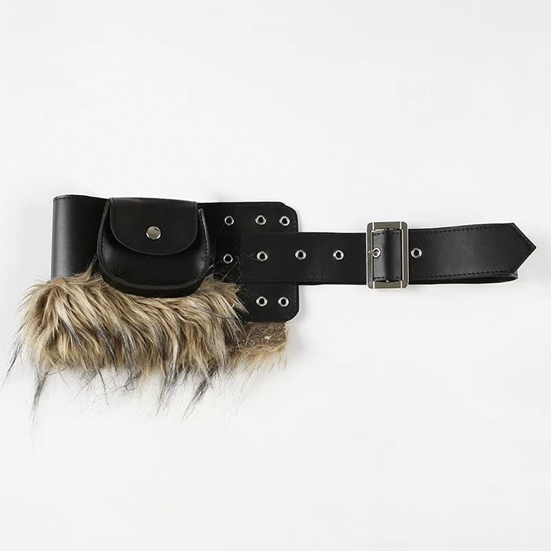 Splicing Faux Fur & PU Leather Utility Belt Bag | Adjustable Metal Buckle Fanny Pack
